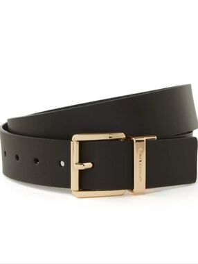 Michael Kors Black Leather Belt with Gold-Tone Buckle Trim